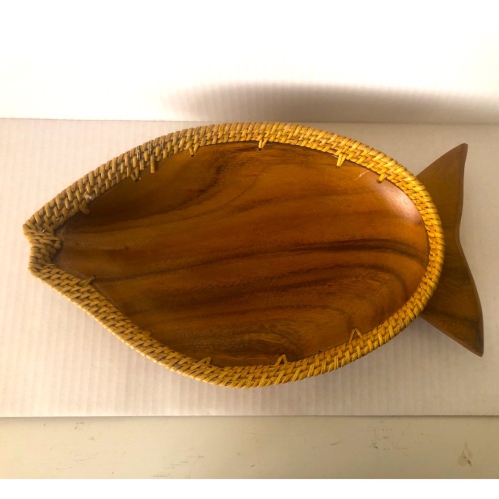 Vintage Wooden Fish dish bowl with woven cane top